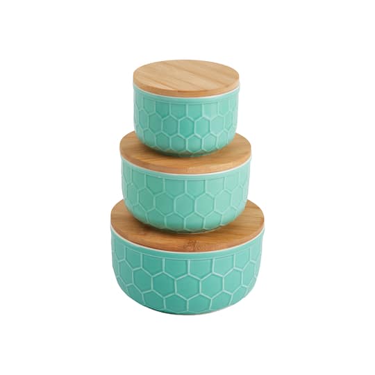 Hello Honey® Mint Green Ceramic Bowls with Bamboo Lids Set